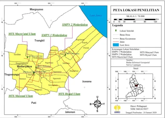 Gambar 3.1 : Peta Lokasi penelitian lima sekolah di Kecamatan  Wedarijaksa Kabupaten Pati 
