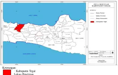 Gambar. 2 : Peta Kabupaten Tegal di Peta Provinsi Jawa Tengah (Sumber : Peta Hasil Karya Feri Anggriawan, Unissula) 