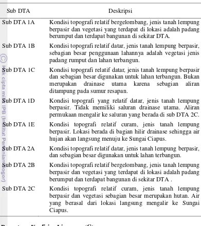 Tabel 3  Deskripsi kondisi fisik sub Daerah Tangkapan Air (DTA) 