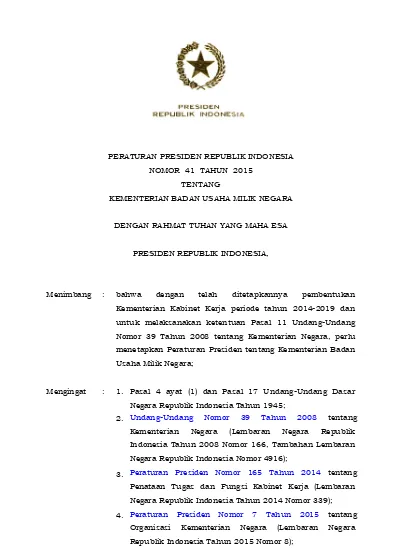 PERATURAN PRESIDEN REPUBLIK INDONESIA NOMOR 41 TAHUN 2015 TENTANG ...