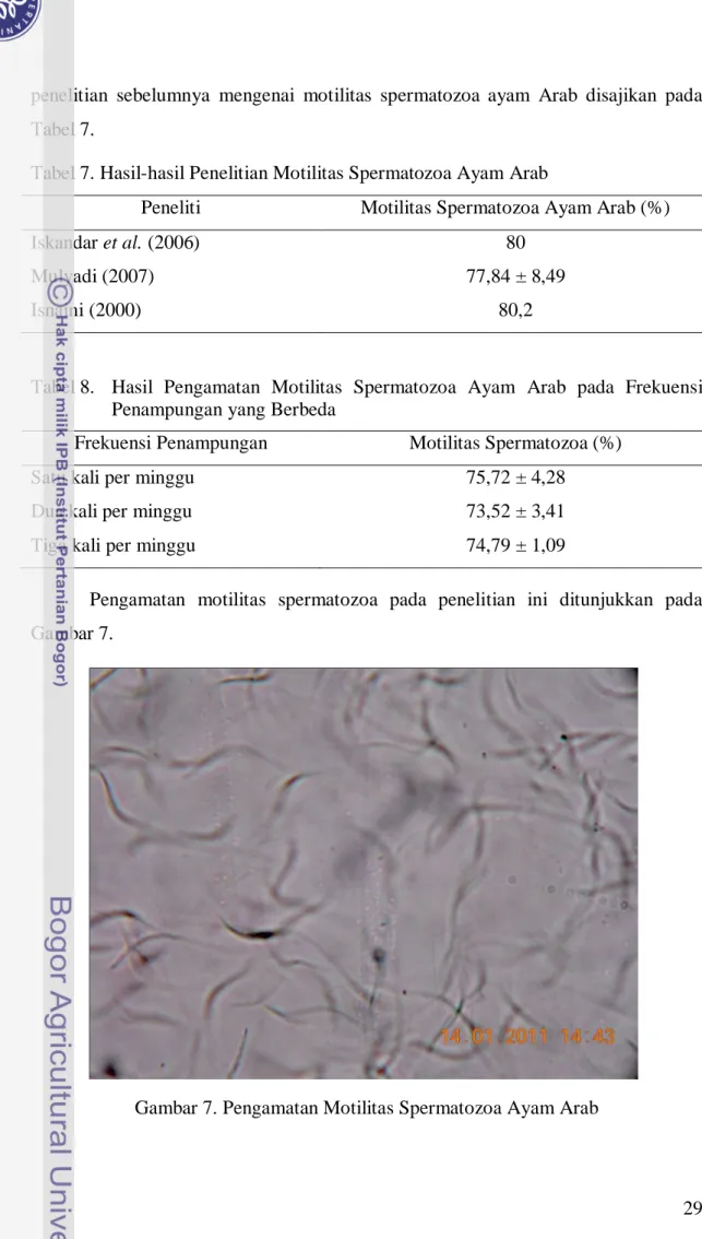 Tabel 7. Hasil-hasil Penelitian Motilitas Spermatozoa Ayam Arab 