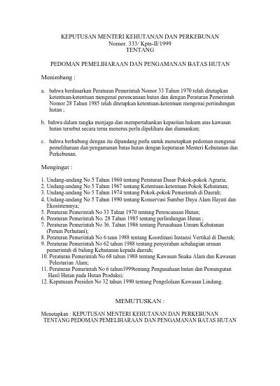 KEPUTUSAN MENTERI KEHUTANAN DAN PERKEBUNAN Nomor. 333/ Kpts-II/1999 ...