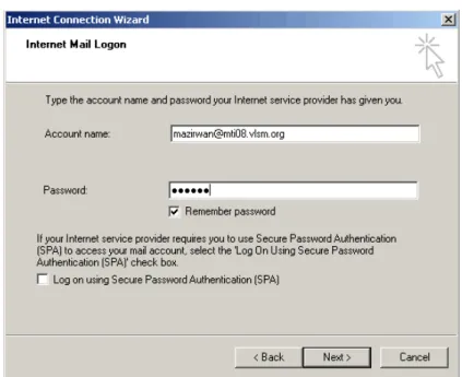 Gambar 5 Layar Internet Mail Logon pada Microsoft Outlook Express