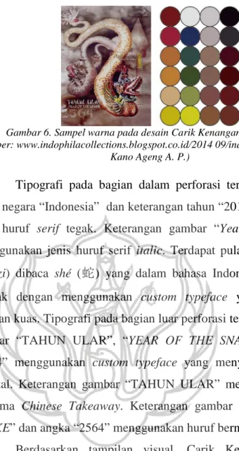 Gambar 6. Sampel warna pada desain Carik Kenangan Tahun Ular  (Sumber: www.indophilacollections.blogspot.co.id/2014 09/indonesia_87.html dan 