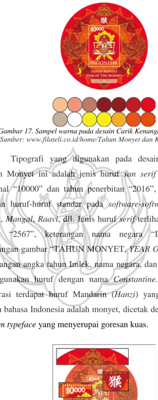Gambar 17. Sampel warna pada desain Carik Kenangan Tahun Monyet  (Sumber: www.filateli.co.id/home/Tahun Monyet dan Kano Ageng A