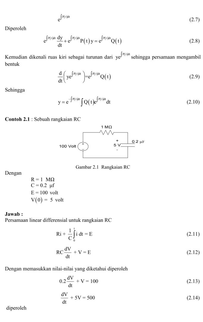 Gambar 2.1  Rangkaian RC  Dengan   R = 1   MΩ   C = 0.2   µf   E = 100  volt   ( ) V 0  =  5  volt  Jawab :  