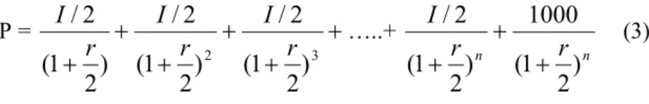 Tabel  2  pada  halaman  10  adalah  dibentuk  persis  sama  dengan  tabel  present­value.  Perbedaannya  hanya  pada    pertimbangan  besarnya  kupon  beserta  fakta  bahwa  nilai  nominal  obligasi  pasti  dibayar  pada  tanggal  jatuh  tempo.  Tabel  2 