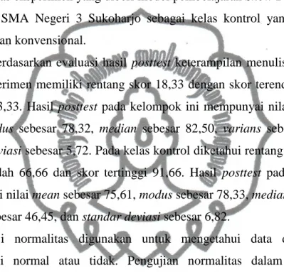 Tabel 2. Hasil Uji Normalitas Posttest Keterampilan Menulis  Berhuruf Jawa Kelas Eksperimen dan Kontrol 