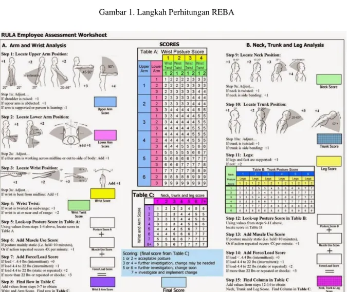 Gambar 2. Lembar Kerja Metode Perhitungan REBA  Recommended Weight Limit (RWL) dan Composite Lifting Index (CLI) 