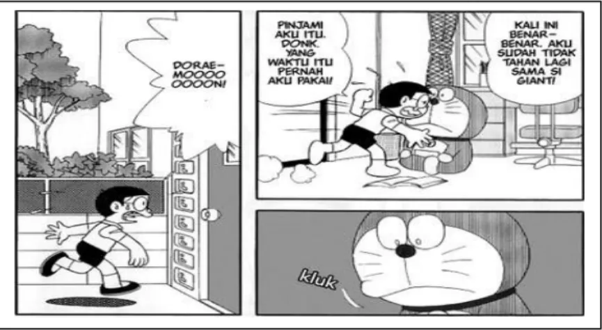 Gambar 2: Komik Doraemon Episode Terakhir, hal 1  Nobita pulang ke rumah dan meminta sesuatu  pada Doraemon 