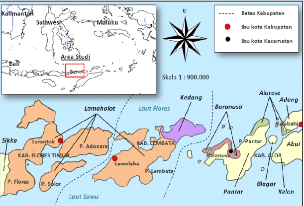Gambar 1.  Wilayah  tutur  bahasa  Lamaholot  (Flores  Timur,  Adonara,  Solor,  Lembata bagian barat), bahasa Kedang (ujung timur Pulau Lembata),  dan  Baranusa  (sebagian  Pulau  Pantar)