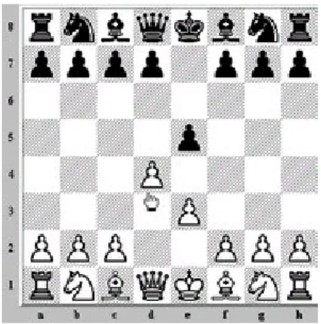 Gambar 2.14: Bidak hitam e5 memangsa bidak putih d4 ke arah diagonal.  Bidak putih bisa membalas memangsa bidak hitam exd4.