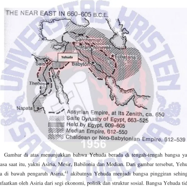 Gambar  di  atas  menunjukkan  bahwa  Yehuda  berada  di  tengah-tengah  bangsa  yang  berkuasa saat itu, yakni Asiria, Mesir, Babilonia dan Median