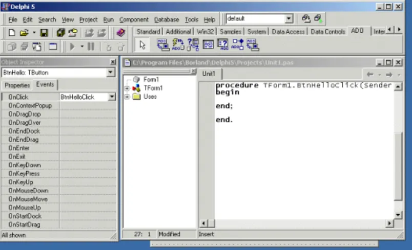 Figure 6 Tab Events pada Object Inspector, dan procedure yang dibangkitkan lewat event OnClick