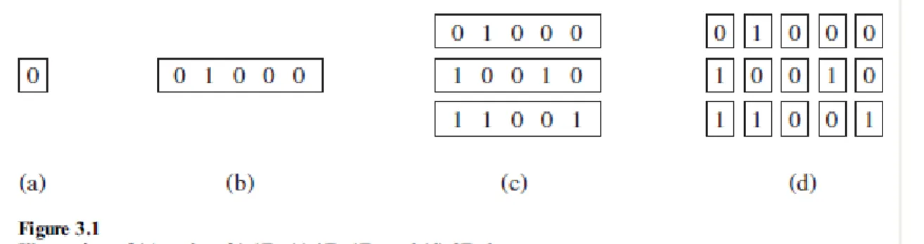 Gambar 3.1 mengilustrasikan konstruksi data array. Sebuah nilai tunggal (skalar)  ditunjukkan  pada  (a),  vektor  (array  1D)  dalam  (b),  array  vektor  (array  1Dx1D)  dalam  (c), dan sebuah array dari skalar (array 2D) di (d)