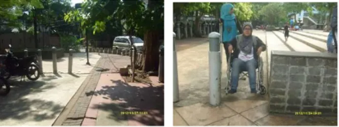 Gambar 2. Area masuk di Jalan Sidoarjo dan  Aksesibilitas Tunadaksa pengguna kursi roda  Sumber : Dokumentasi Fika Masruroh, 2013 