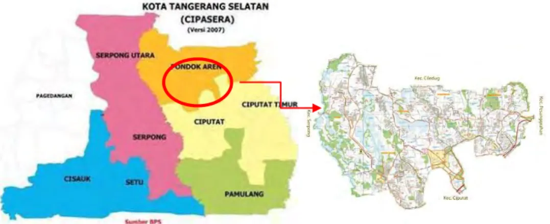 Gambar 3.7. Peta Tangerang selatan dan kecamatan Pondok aren  Sumber: 2.bp.blogspot.com dan polsekpondokaren.wordpress.com 