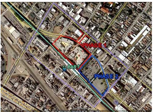 Gambar 2.5 Kawasan Fruitvale Village yang sudah direvitalisai (merah) dan  kawasan rencana pembangunan tahap 2 (biru) 