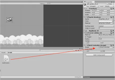 Gambar 4.11  Memasukkan Script BirdController ke dalam Karakter  Ketika dijalankan, burung tersebut akan terlihat jatuh ke bawah karena gaya  grativitasi