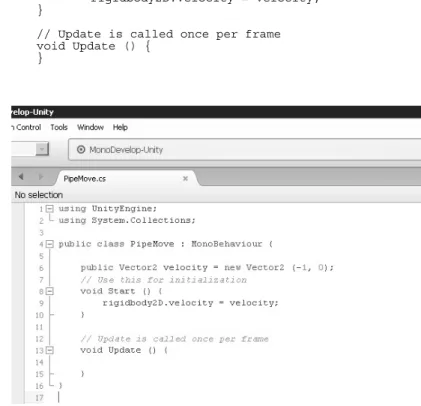 Gambar 4.18  Script PipeMove di dalam MonoDevelop 