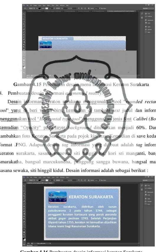 Gambar 4.15 Pembuatan desain menu informasi Keraton Surakarta  8.  Pembuatan desain informasi augmented reality