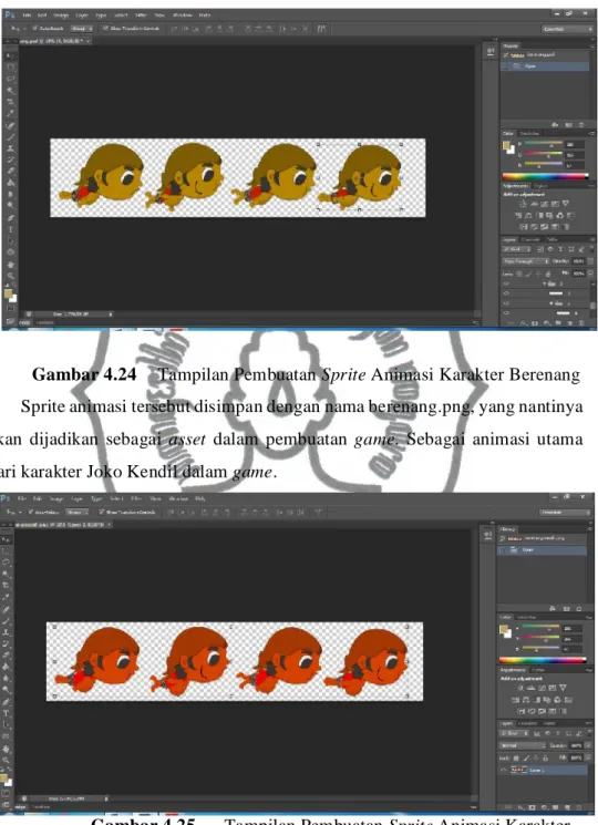 Gambar 4.24  Tampilan Pembuatan Sprite Animasi Karakter Berenang  Sprite animasi tersebut disimpan dengan nama berenang.png, yang nantinya  akan  dijadikan  sebagai  asset  dalam  pembuatan  game