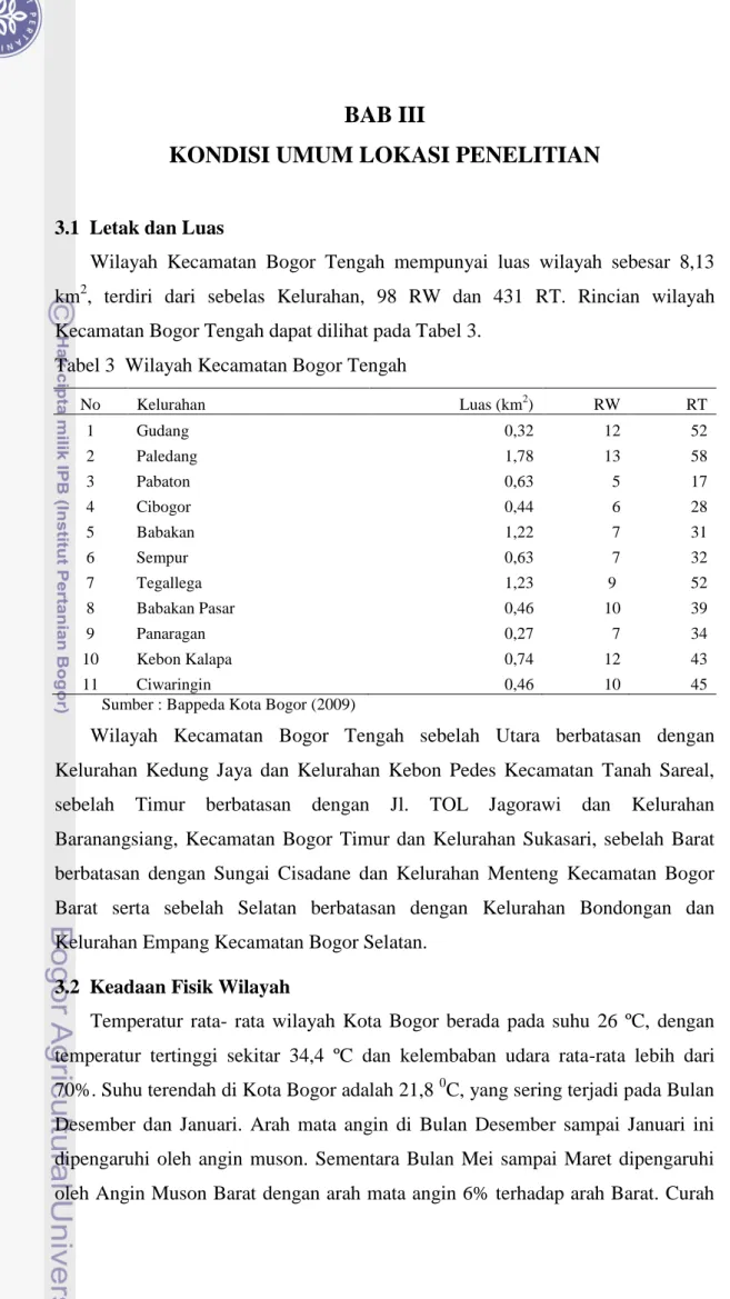 Tabel 3  Wilayah Kecamatan Bogor Tengah 