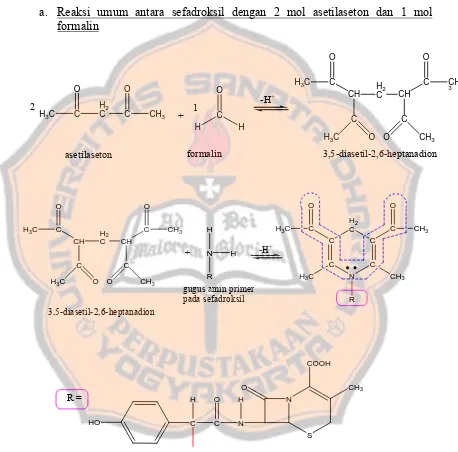 Gambar 8. Reaksi umum antara sefadroksil dengan 2 mol asetilaseton dan 1 mol formalin 