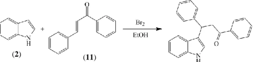 Gambar 2.1  Reaksi substitusi elektrofilik pada sintesis 3-(indol-3- 3-(indol-3-il)-1,3-difenilpropan-1-on (12)