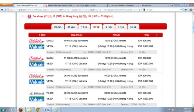 Gambar 4.1 pengujian biaya search flight result Airpaz rute SUB - HKG 