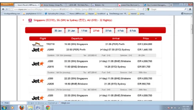 Gambar 4.6 pengujian biaya search flight result Airpaz rute SIN - SYD 