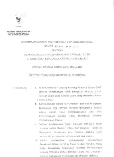 KEPUTUSAN MENTERI PERHUBUNGAN REPUBLIK INDONESIA NOMOR KP 441 TAHUN ...