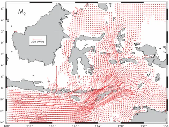 Gambar 5.   Arus laut yang diakibatkan oleh konstanta pasut M2 di sekitar wilayah perairan Nusa Tenggara Timur (Egbert dan Ray, 2001)