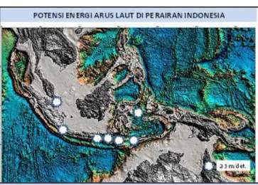 Gambar 1. Peta potensi energi arus laut di Indonesia. Tanda bintang putih menunjukan lokasi  kecepatan arus antara 2-3 m/s