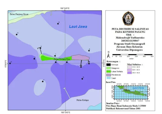 Tabel  2.  Hasil  Analisis  Kandungan  Salinitas  ( o / oo )  Berdasarkan  Tanggal  dan  Stasiun  Sampling  di  Pulau Kelapa Dua, Kepulauan Seribu 