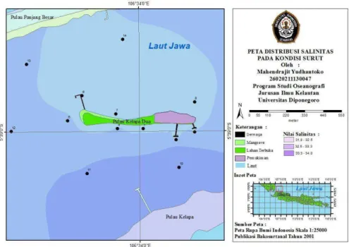 Gambar 4. Peta sebaran salinitas kondisi surut Pulau Kelapa Dua Kepulauan Seribu 