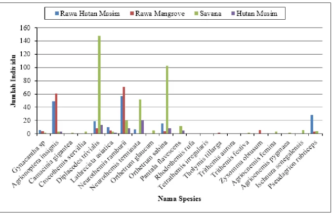 Gambar  1  menunjukkan  diagram  jumlah  individu  setiap  spesies  capung  yang  ditemui  pada  berbagai  habitat di Resort Tegal Bunder, yaitu rawa hutan musim, rawa mangrove, savana, dan hutan musim