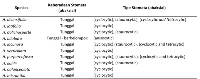 Tabel 1.  Keberadaan dan tipe stomata 10 spesies Hoya bertipe daun sukulen 