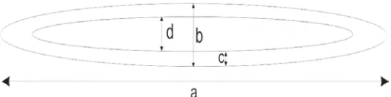 Gambar 4.  Dimensi Serat:  panjang serat (a), diameter serat (b), tebal dinding sel (c),  diameter lumen (d) 