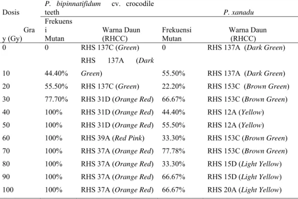 Tabel 10. Frekuensi Mutan dan Warna Daun Dua Spesies Philodendron pada                  Beberapa Perlakuan Dosis Iradiasi Sinar Gamma 
