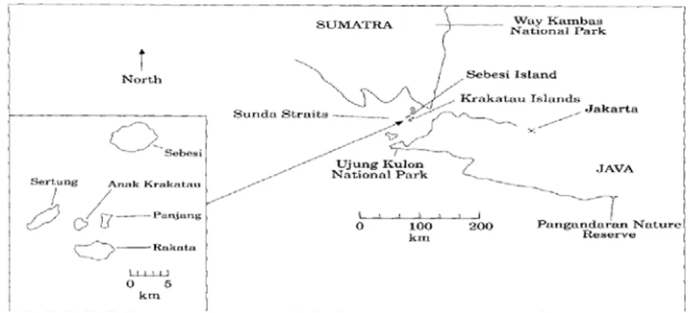 Gambar 1. Pulau Sebesi terletak di antara Pulau Sumatera dan Jawa   (Sumber: Gathorne-Hardy dan Jones, 2000) 