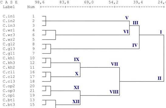 Gambar  1.  Dendrogram  pengelompokan  21  sampel  tanaman  kana  berdasarkan   karakter morfologi 