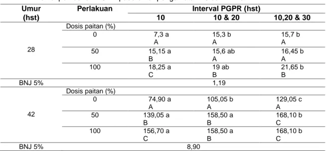 Tabel 1  Rerata bobot kering total tanaman (g) pada berbagai dosis pupuk hijau paitan dengan  interval pemberian PGPR pada umur pengamatan 28 dan 42 hst 