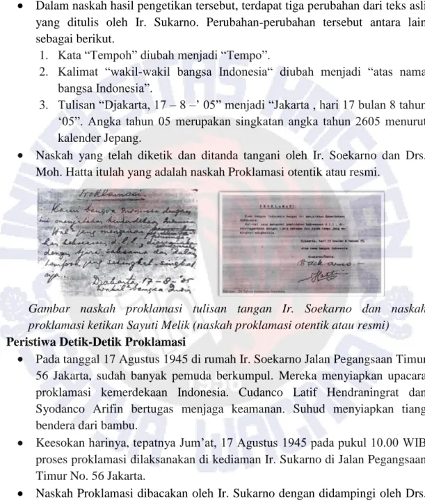 Gambar  naskah  proklamasi  tulisan  tangan  Ir.  Soekarno  dan  naskah  proklamasi ketikan Sayuti Melik (naskah proklamasi otentik atau resmi) 