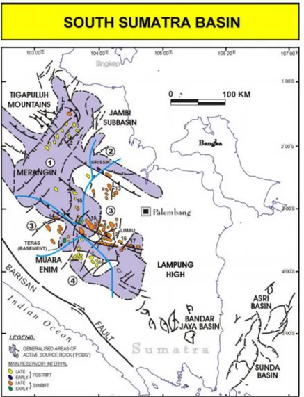 Gambar 2. 1  Peta Cekungan Sumatera Selatan  (Dousta &amp; Noble, 2008). Pulau Sumatera memiliki  beberapa  cekungan  penghasil  hidrokarbon  utama  yaitu  Cekungan  Sumatera  Utara,  Cekungan  Sumatra  Tengah,  dan  Cekungan  Sumatera  Selatan