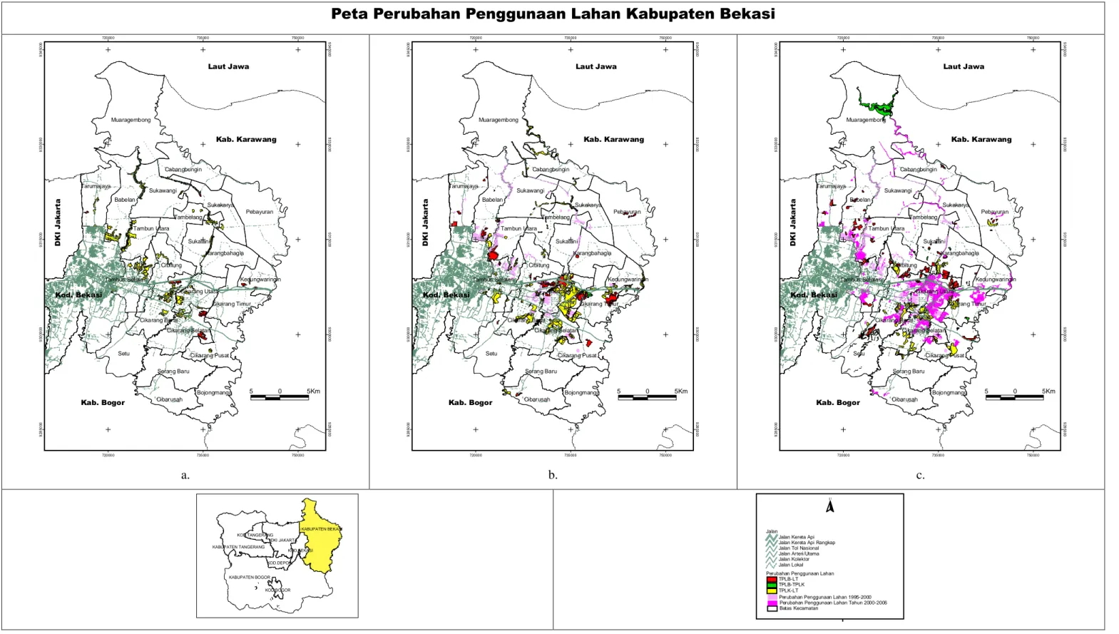Gambar 10. Perubahan Penggunaan Lahan Kabupaten Bekasi (a) Tahun 1995-2000, (b) Tahun 2000-2006 dan (c) Tahun 2006-2009 
