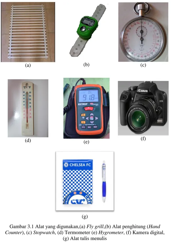 Gambar 3.1 Alat yang digunakan,(a) Fly grill,(b) Alat penghitung (Hand  Counter), (c) Stopwatch, (d) Termometer (e) Hygrometer, (f) Kamera digital,  