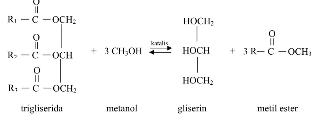 Gambar 2  Reaksi Transesterifikasi Untuk Biodiesel R1C O OCH2R2C O OCH R3C O OCH2+ 3 CH3OHHOCH2HOCH HOCH2 3 R  C  O  OCH 3+