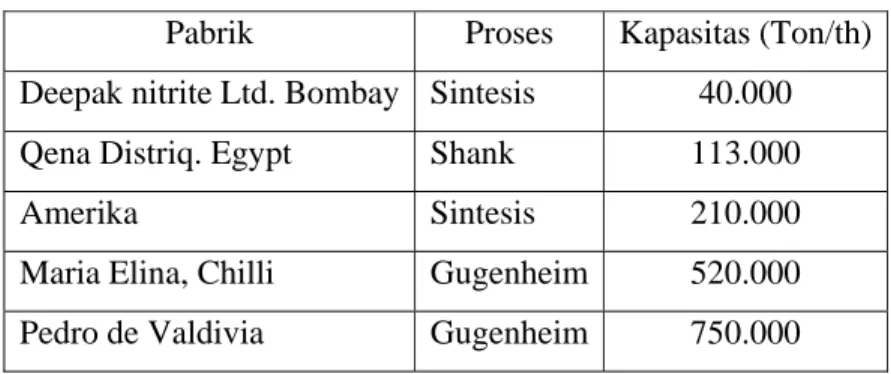 Tabel 1.2. Kapasitas Produksi Natrium Nitrat Komersial   Pabrik   Proses   Kapasitas (Ton/th)   Deepak nitrite Ltd
