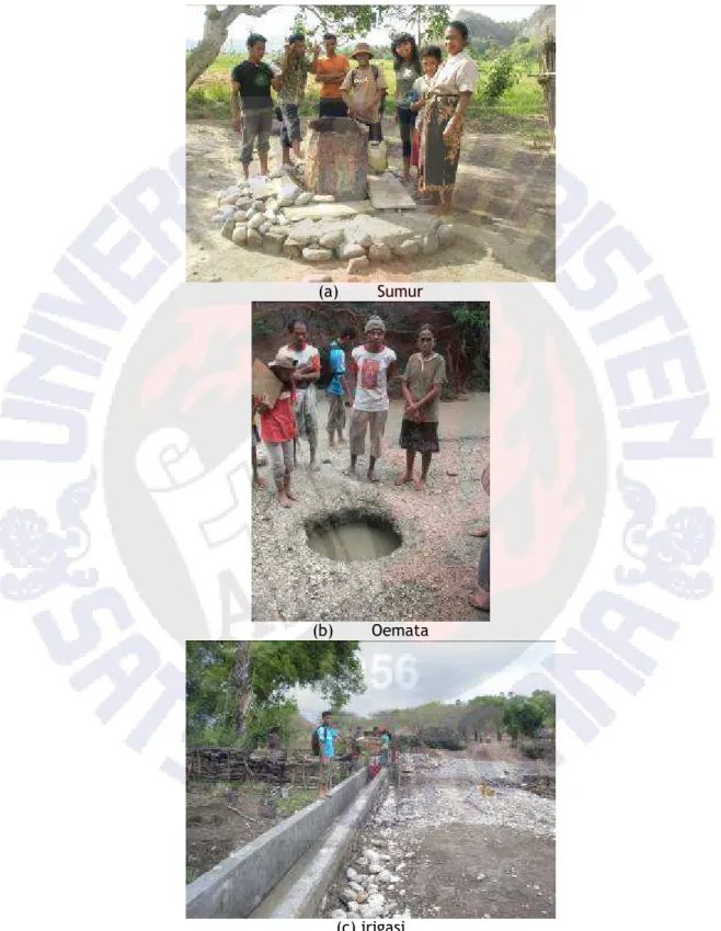 Gambar 7. Contoh infrastruktur sumber air yang digunakan di Desa Linamnutu. (a) sumur,            (b) oemata dan (c) irigasi